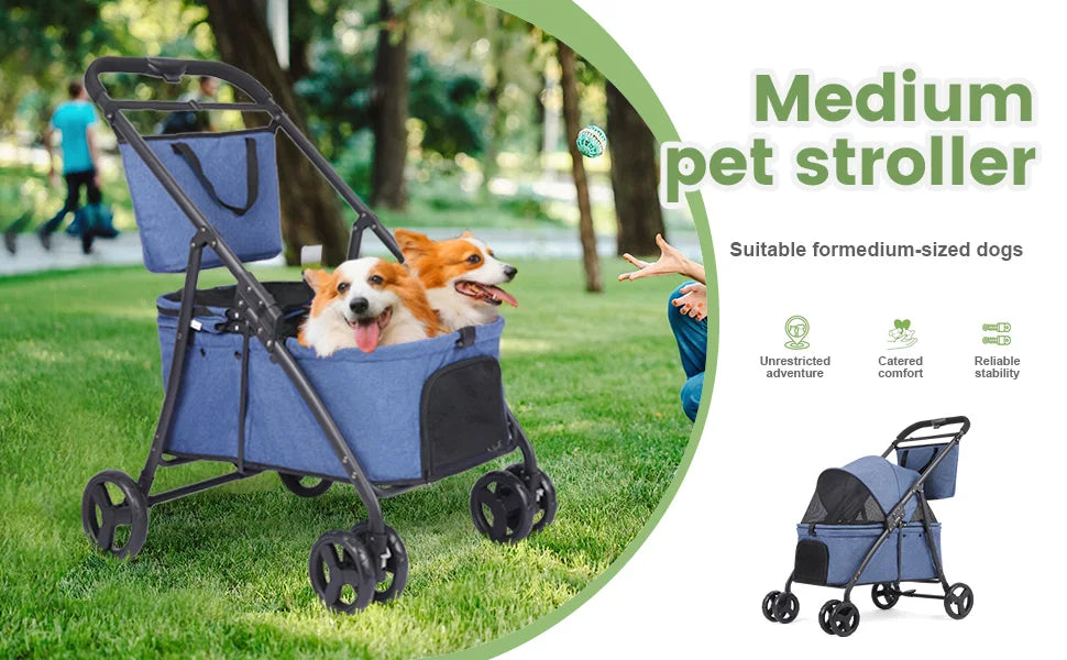 Foldable Pet Stroller – 4-Wheel Travel Buggy with Storage Bag for Dogs & Cats