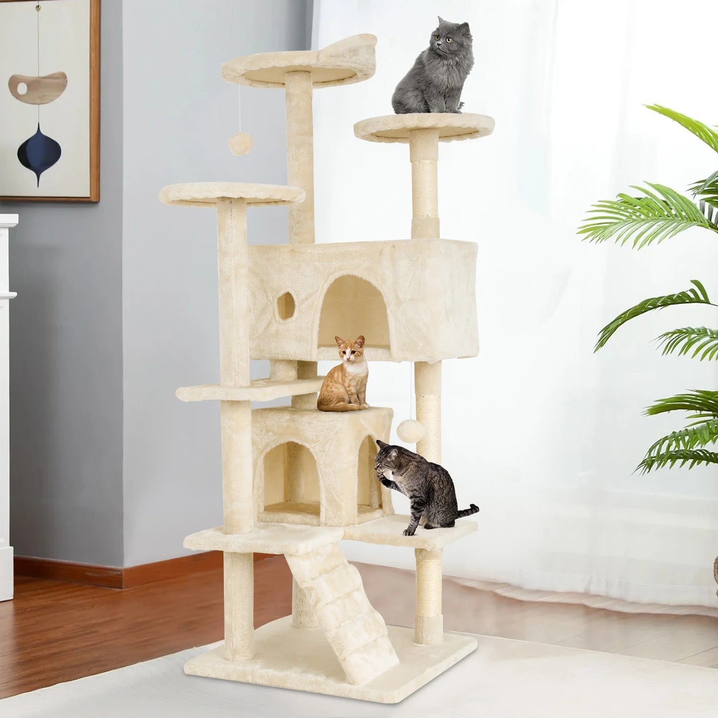 54/70” Cat Tree Tower Condo with Sisal Scratching Posts & Hanging Toy Ball