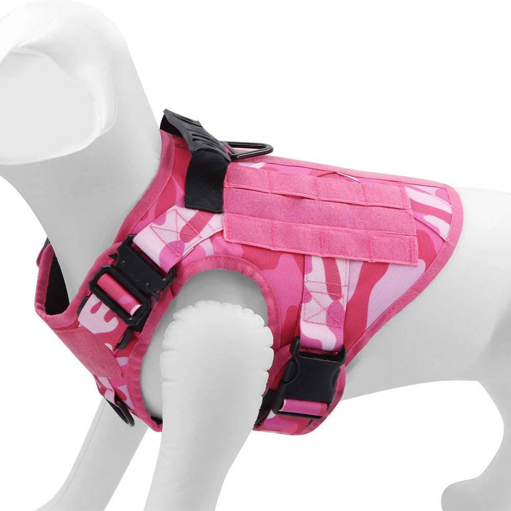 “Pink Camo Tactical Dog Harness – Adjustable Vest for Medium & Large Dogs”