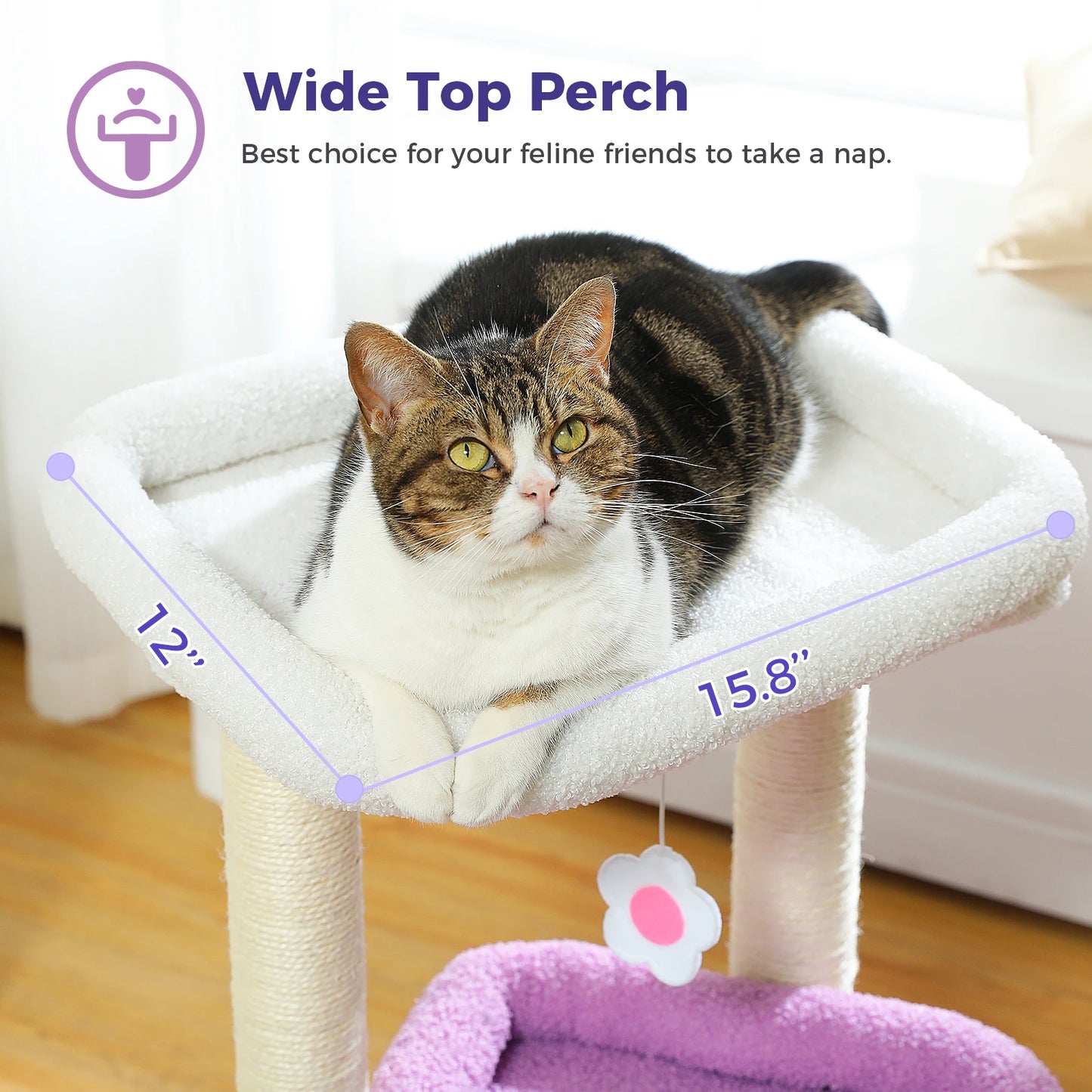 Cat Tree Tower – Cozy Condo, Wide Perch & Sisal Posts with Plush & Pom-Pom Toy
