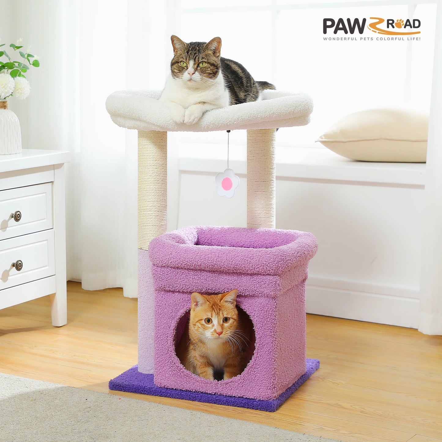 Cat Tree Tower – Cozy Condo, Wide Perch & Sisal Posts with Plush & Pom-Pom Toy