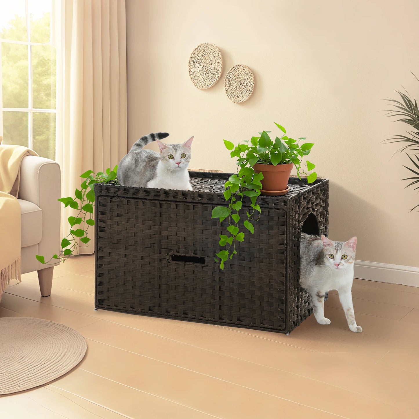 Rattan Cat Litter Box Enclosure – Hidden Cabinet Furniture with Flip-Top & Raised Entry