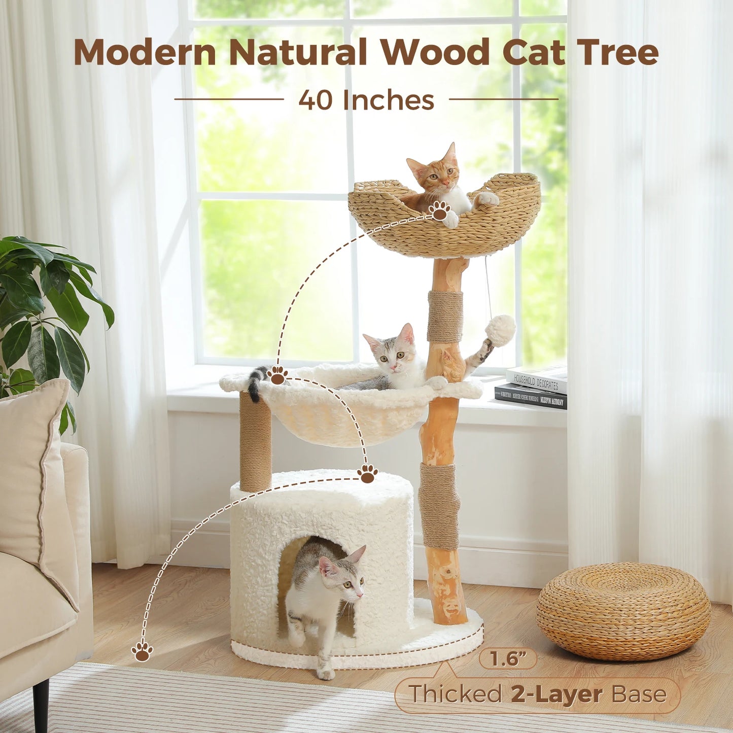 Árbol de lujo para gatos de madera con cesta de mimbre y cómoda hamaca