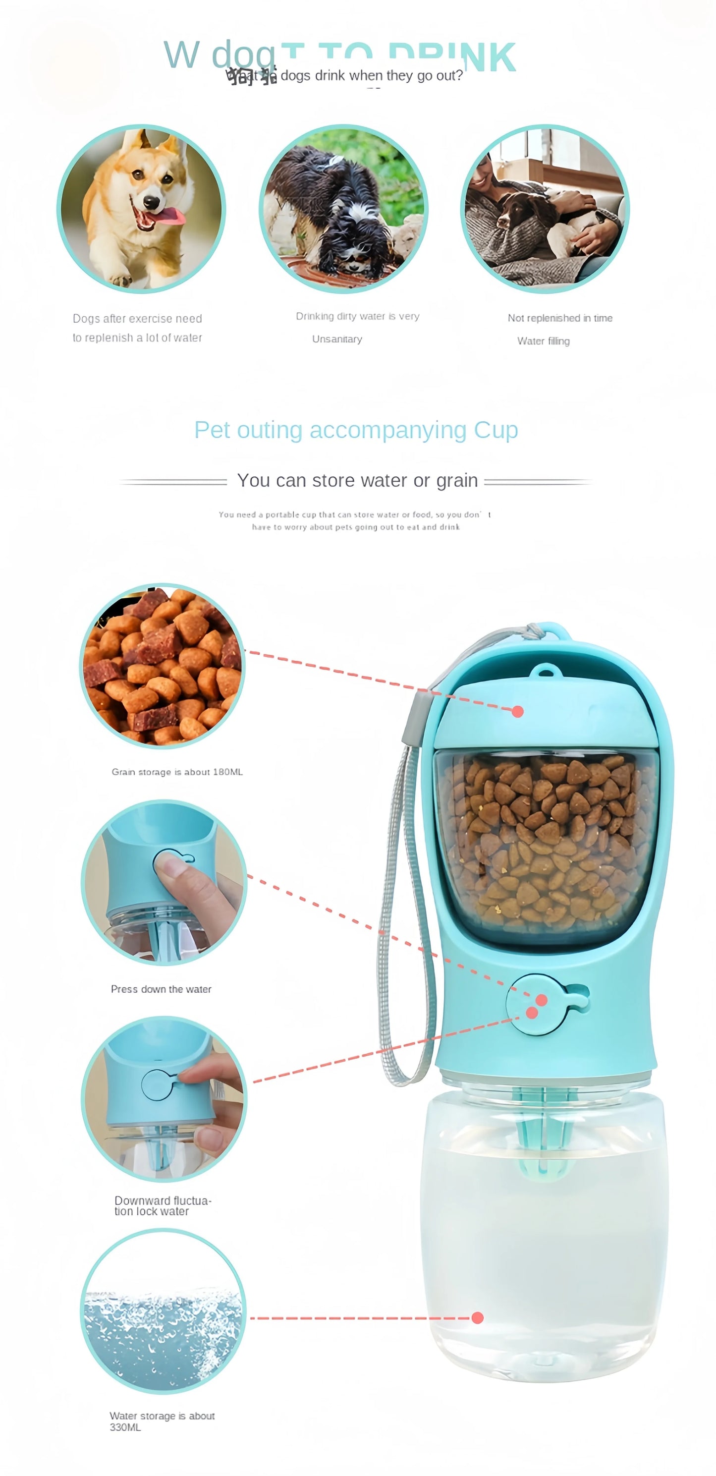 Portable Pet Water Bottle with Food Storage & Travel Bowl