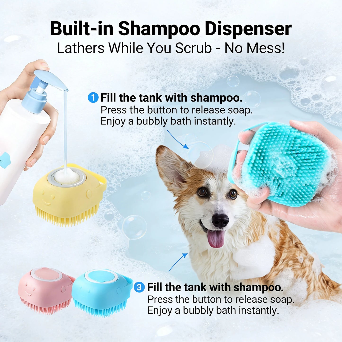 2-in-1 Pet Bath & Massage Brush – Silicone Shampoo Dispenser for Dogs & Cats