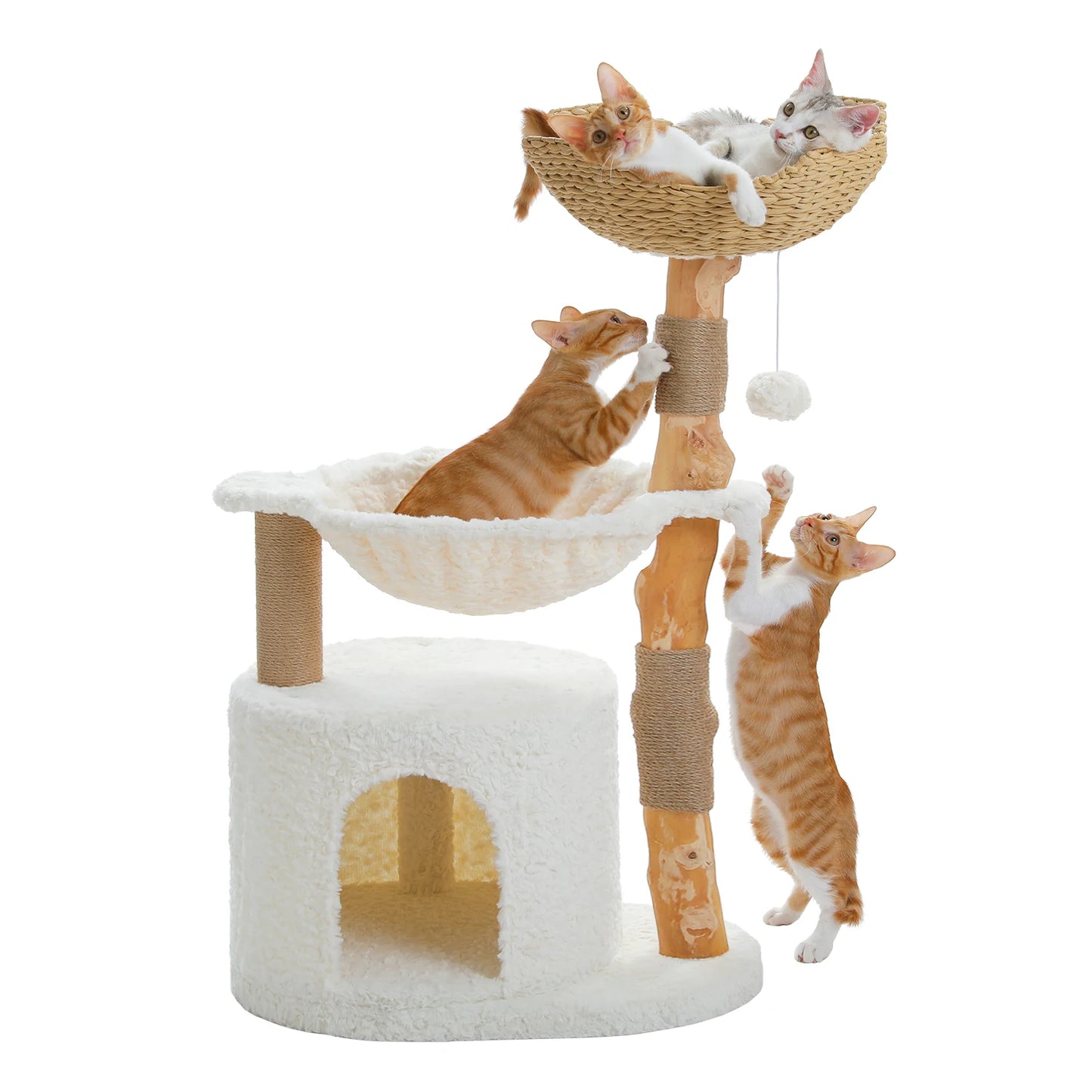 Árbol de lujo para gatos de madera con cesta de mimbre y cómoda hamaca