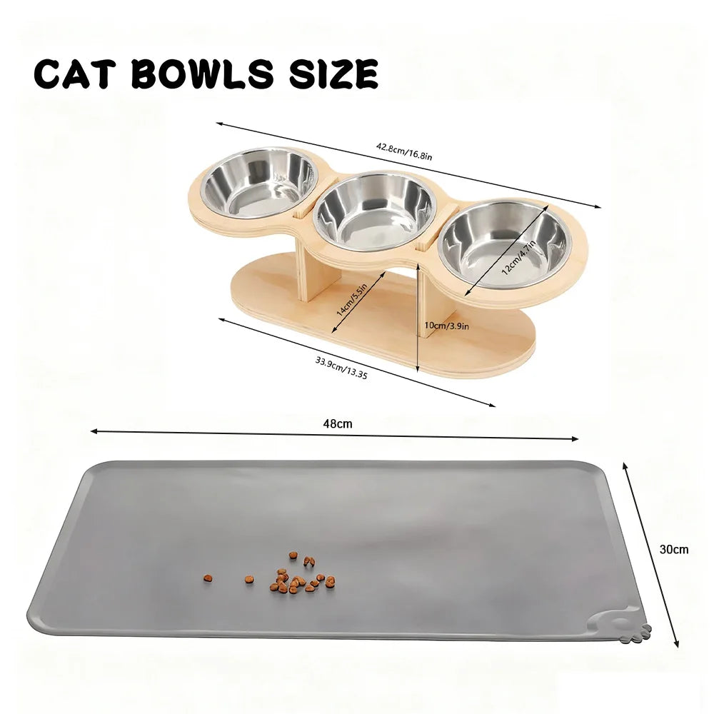15° Tilted Cat Bowls – Adjustable Raised Feeder with 3 Stainless Steel Bowls for Cats & Small Dogs