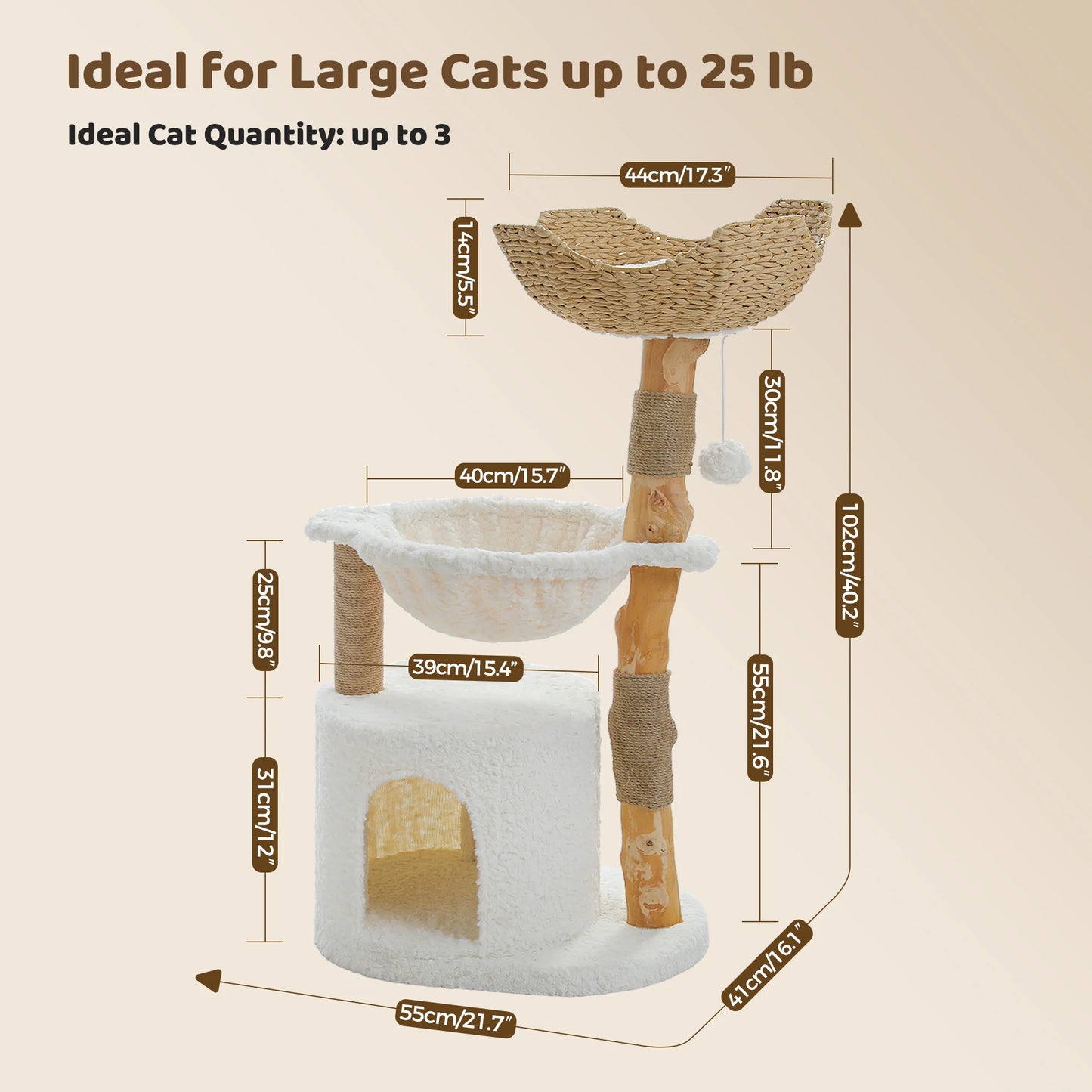 Árbol de lujo para gatos de madera con cesta de mimbre y cómoda hamaca