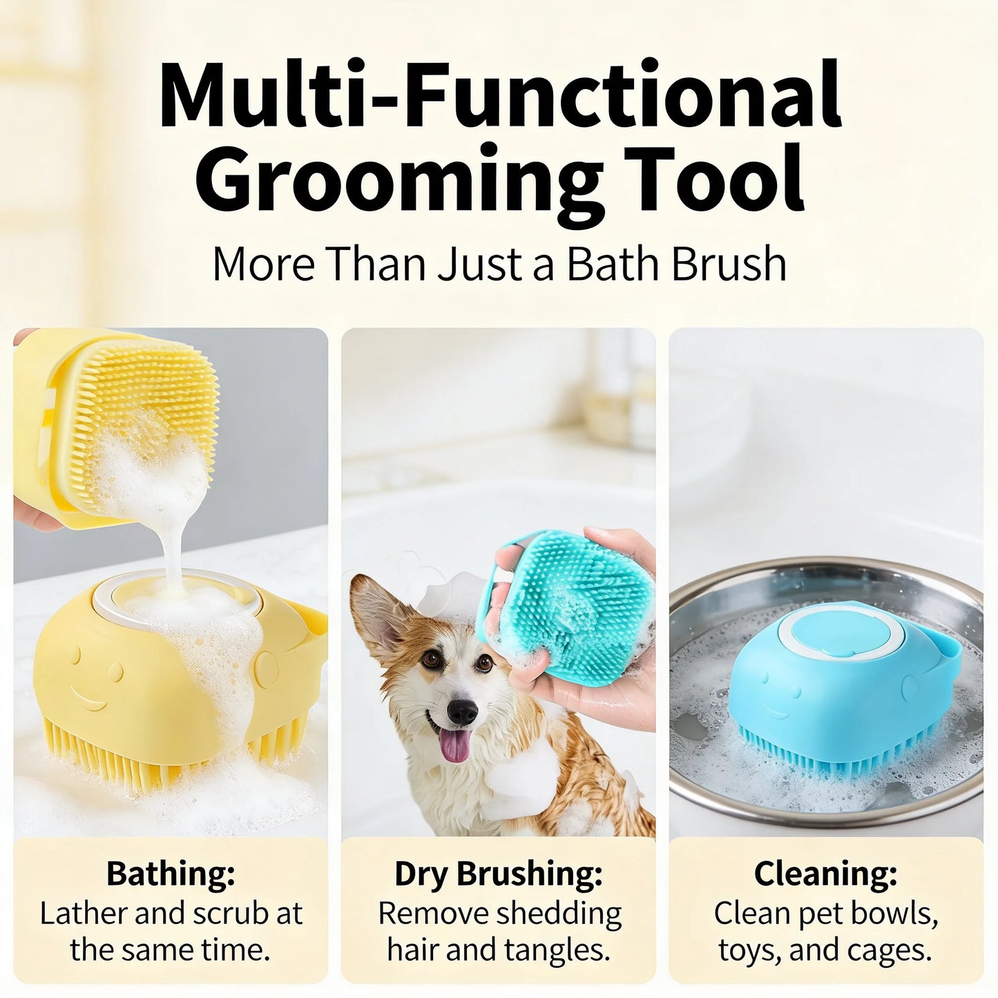 2-in-1 Pet Bath & Massage Brush – Silicone Shampoo Dispenser for Dogs & Cats