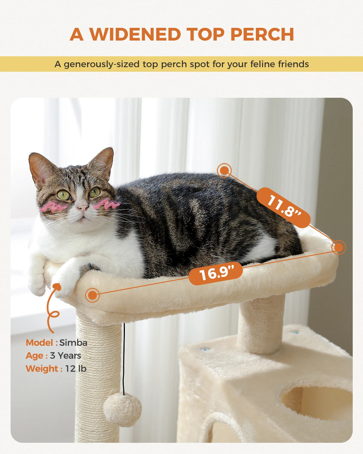 Cat Tree Tower – Cozy Condo, Wide Perch & Sisal Scratching Posts with Plush & Toy